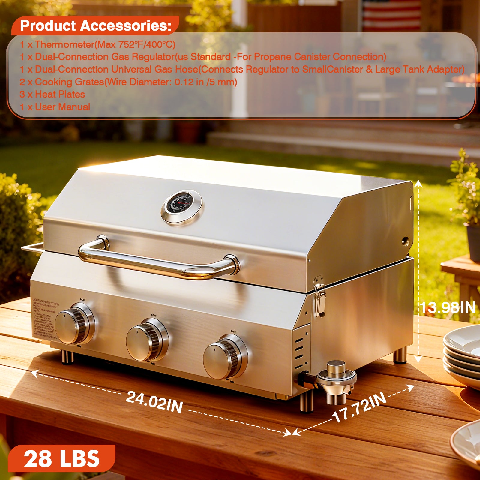 Frizi 3 Burner Gas BBQ Grill with Dual Fuel Adapter