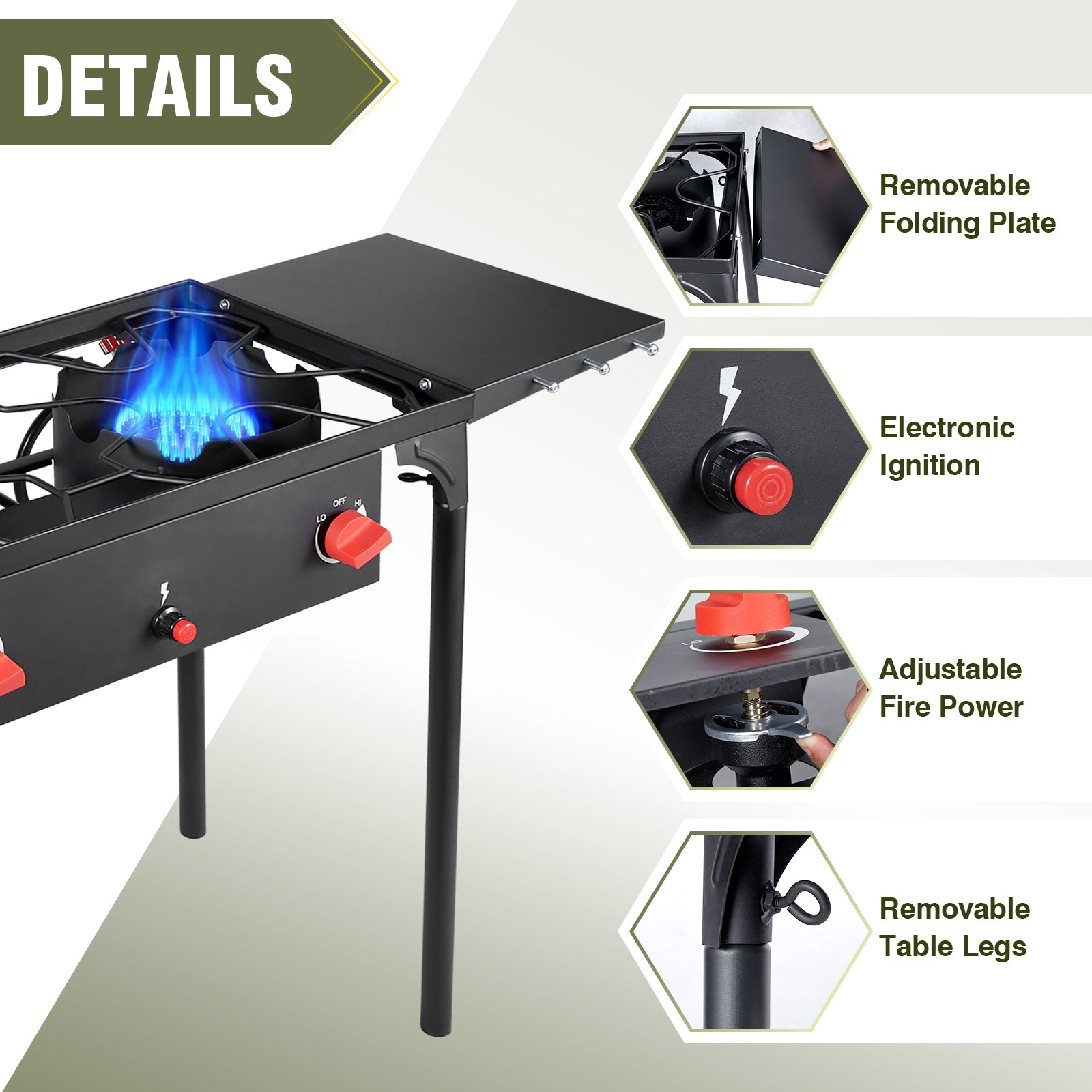 150,000 BTU 2-Burner Camping Stove with Auto Ignition, Side Shelves & Removable Legs