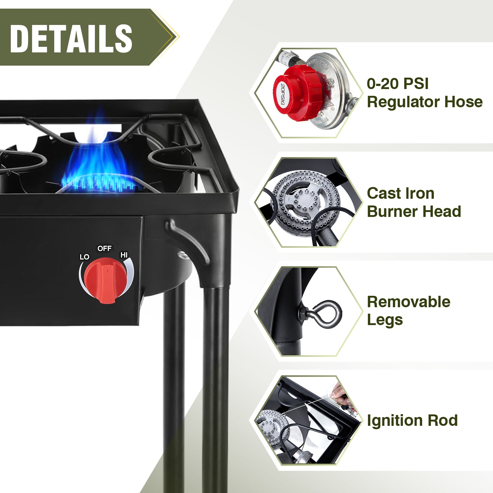 225,000 BTU 3-Burner Propane Camping Stove with Auto Ignition & Removable Legs