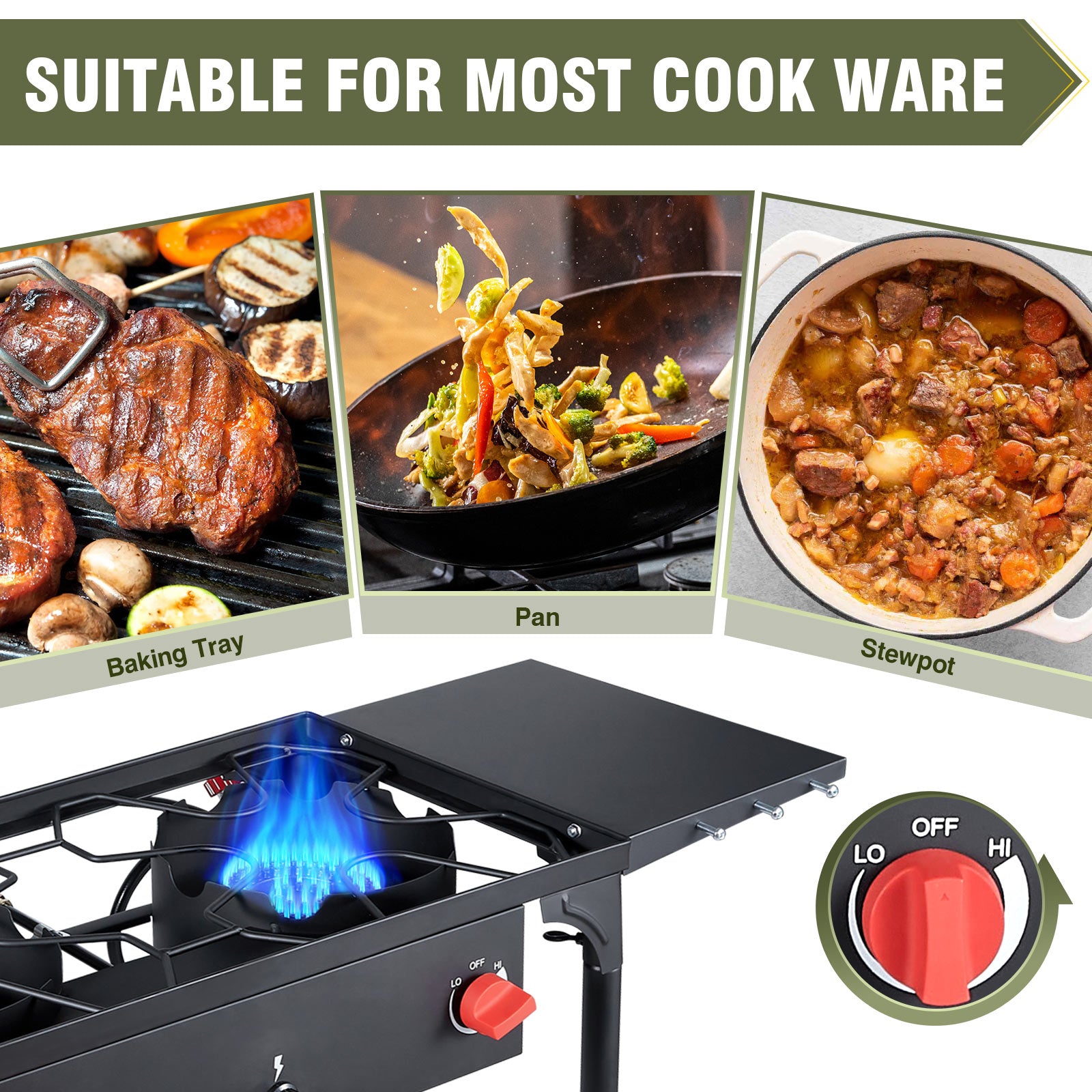 150,000 BTU 2-Burner Camping Stove with Auto Ignition, Side Shelves & Removable Legs