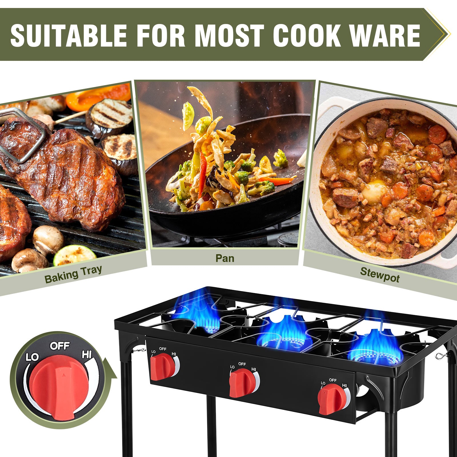 225,000 BTU 3-Burner Propane Camping Stove with Auto Ignition & Removable Legs