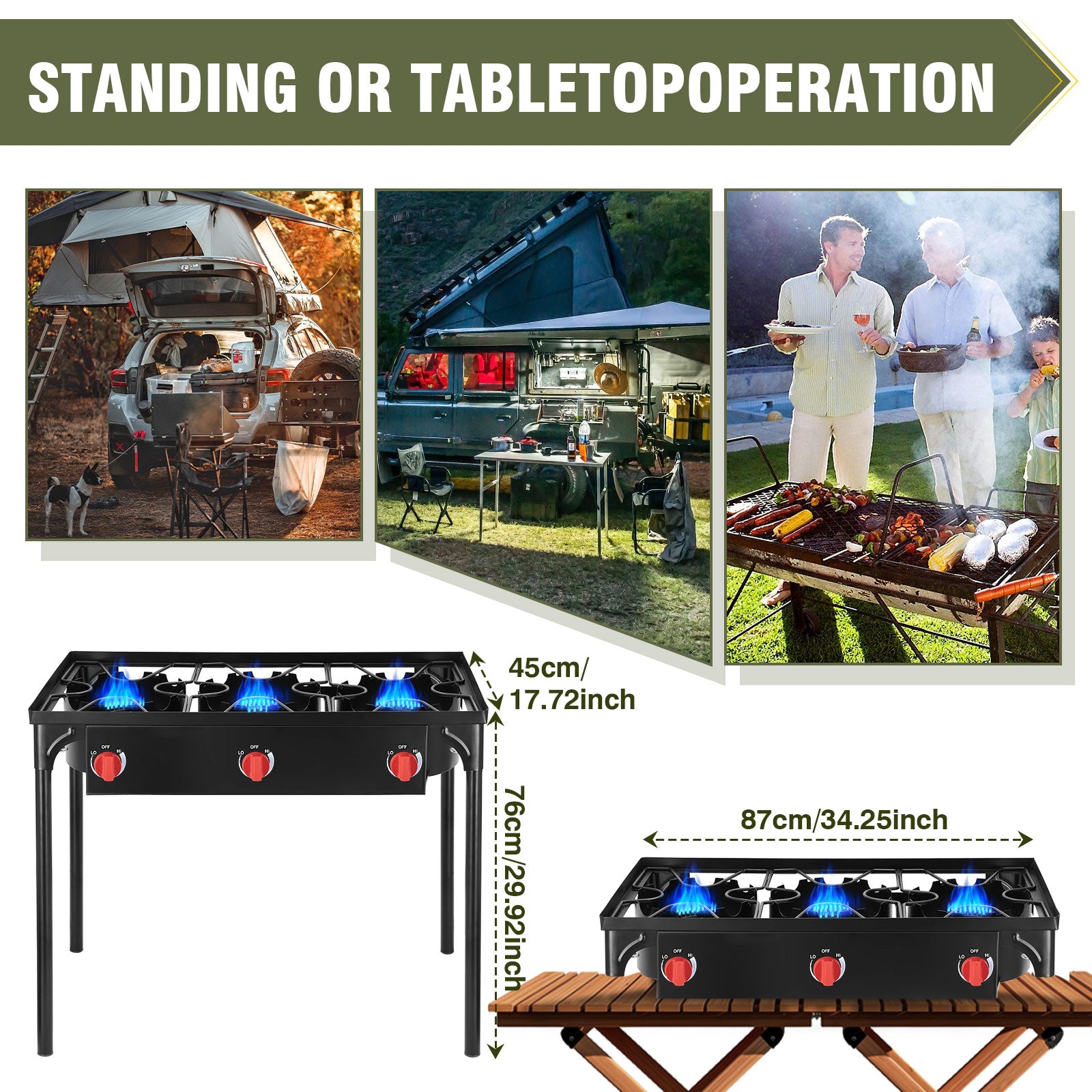 225,000 BTU 3-Burner Propane Camping Stove with Auto Ignition & Removable Legs