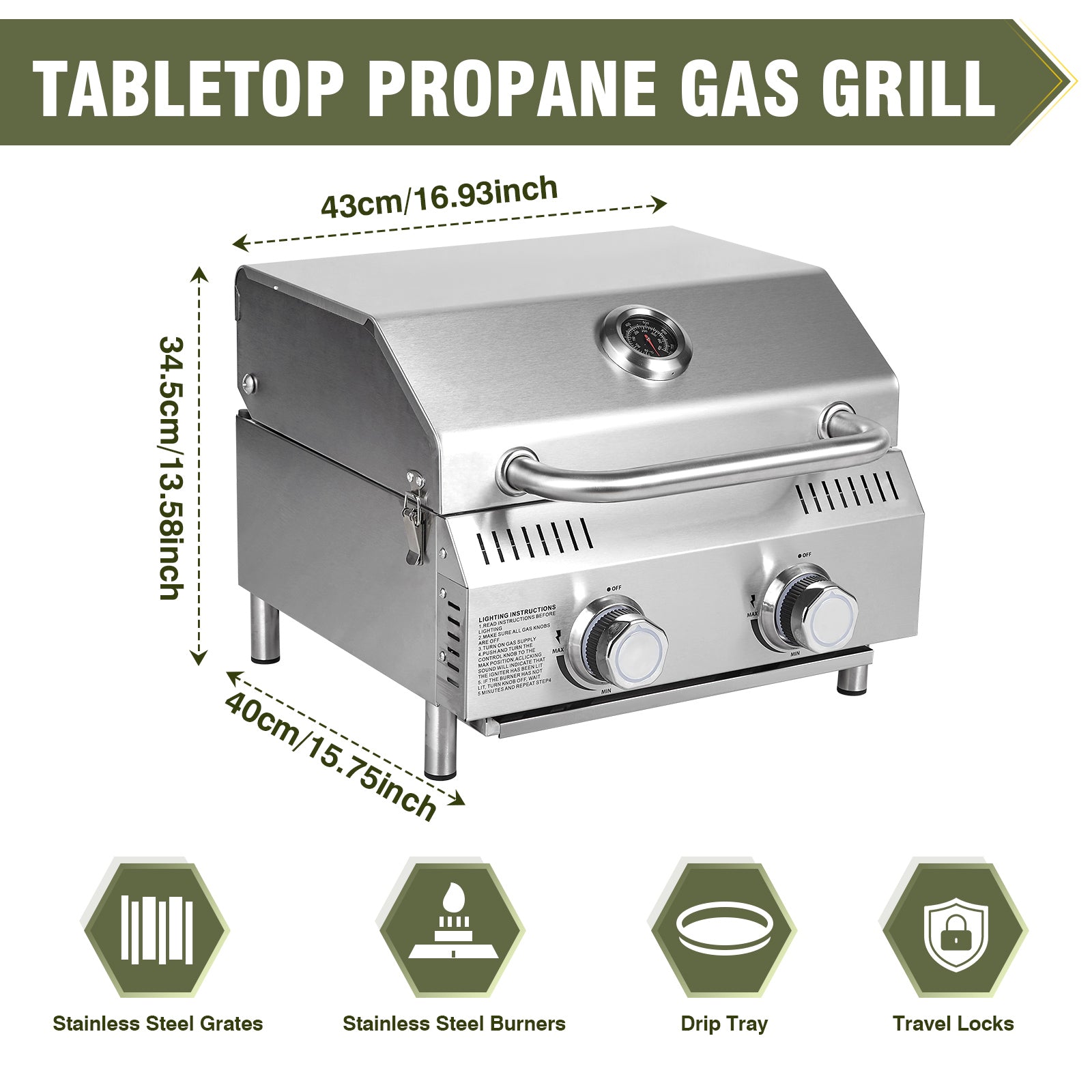 Portable 2-Burner Tabletop Propane Grill – 20,000 BTU Stainless Steel Outdoor Gas Grill