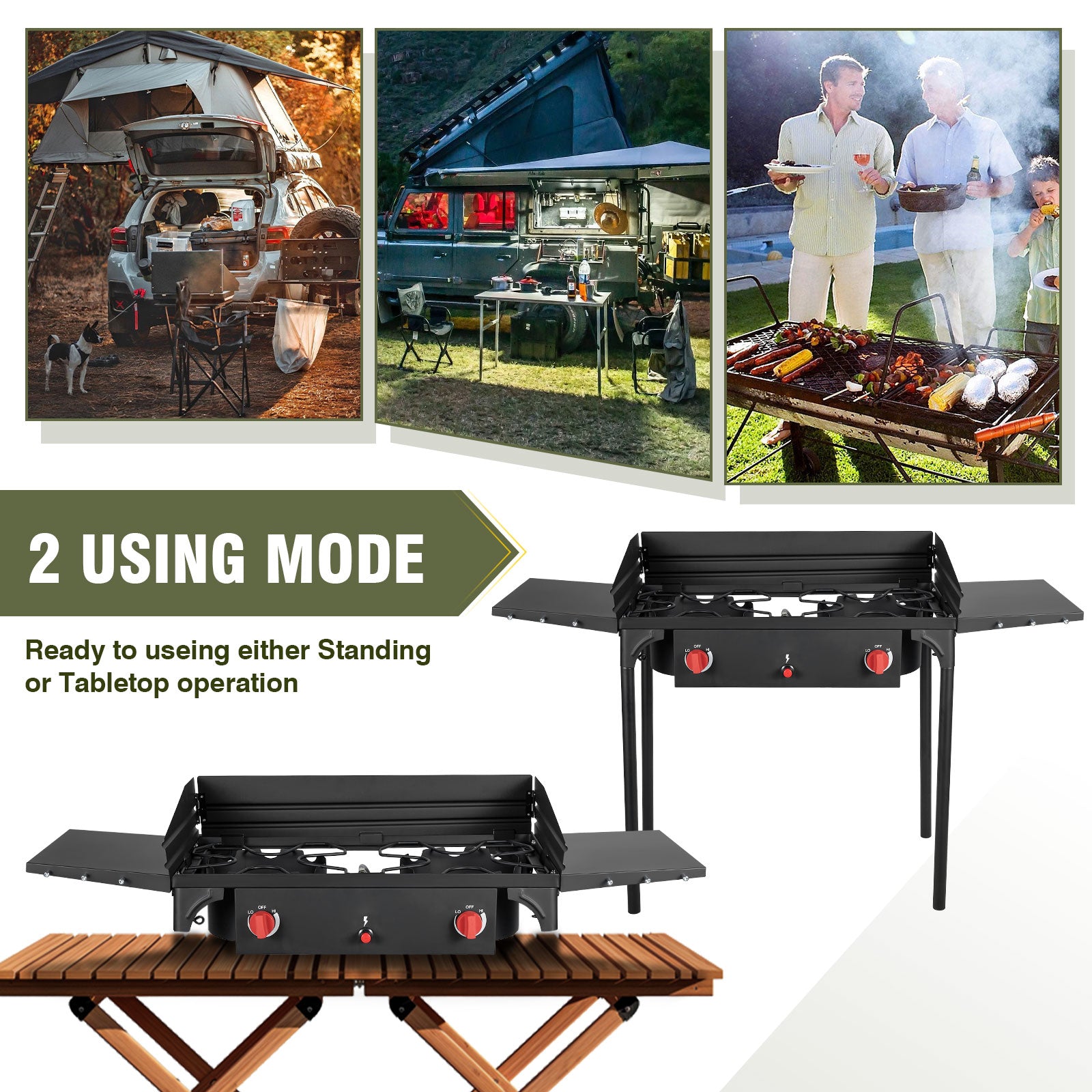 150,000 BTU 2-Burner Propane Camping Stove with Wind Panels, Auto Ignition & Removable Legs