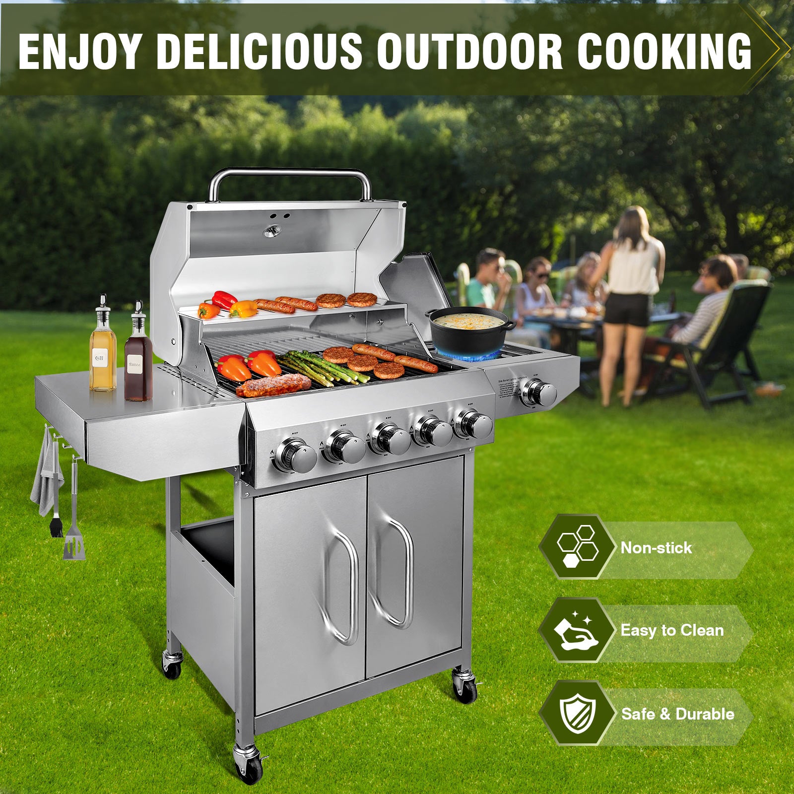 68,000 BTU 5-Burner Stainless Steel Propane Gas Grill with Side Burner – Outdoor BBQ Grill for Backyard