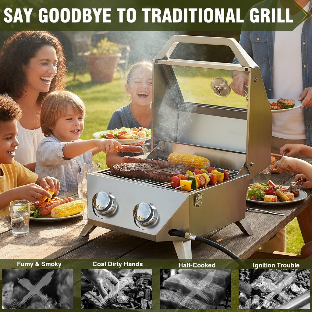 FRIZI 2-Burner Tabletop Gas Grill with Viewing Glass Lid, 20,000 BTU Stainless Steel Portable BBQ Grill with Thermometer and Push-Button Ignition for Camping, RV, Patio, and Tailgating