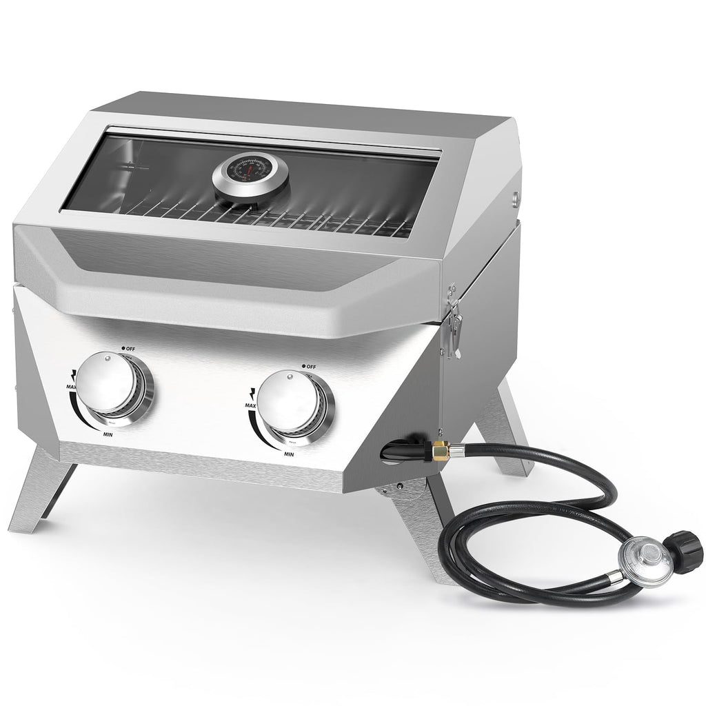 FRIZI 2-Burner Tabletop Gas Grill with Viewing Glass Lid, 20,000 BTU Stainless Steel Portable BBQ Grill with Thermometer and Push-Button Ignition for Camping, RV, Patio, and Tailgating