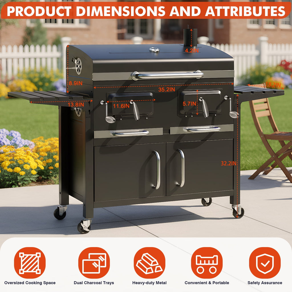 Frizi 63" Large Charcoal Grill with Smoker, Oversized Outdoor BBQ Grill with Dual Adjustable Charcoal Trays, Storage Cabinet, Folding Side Shelves and Wheels for Backyard Cooking