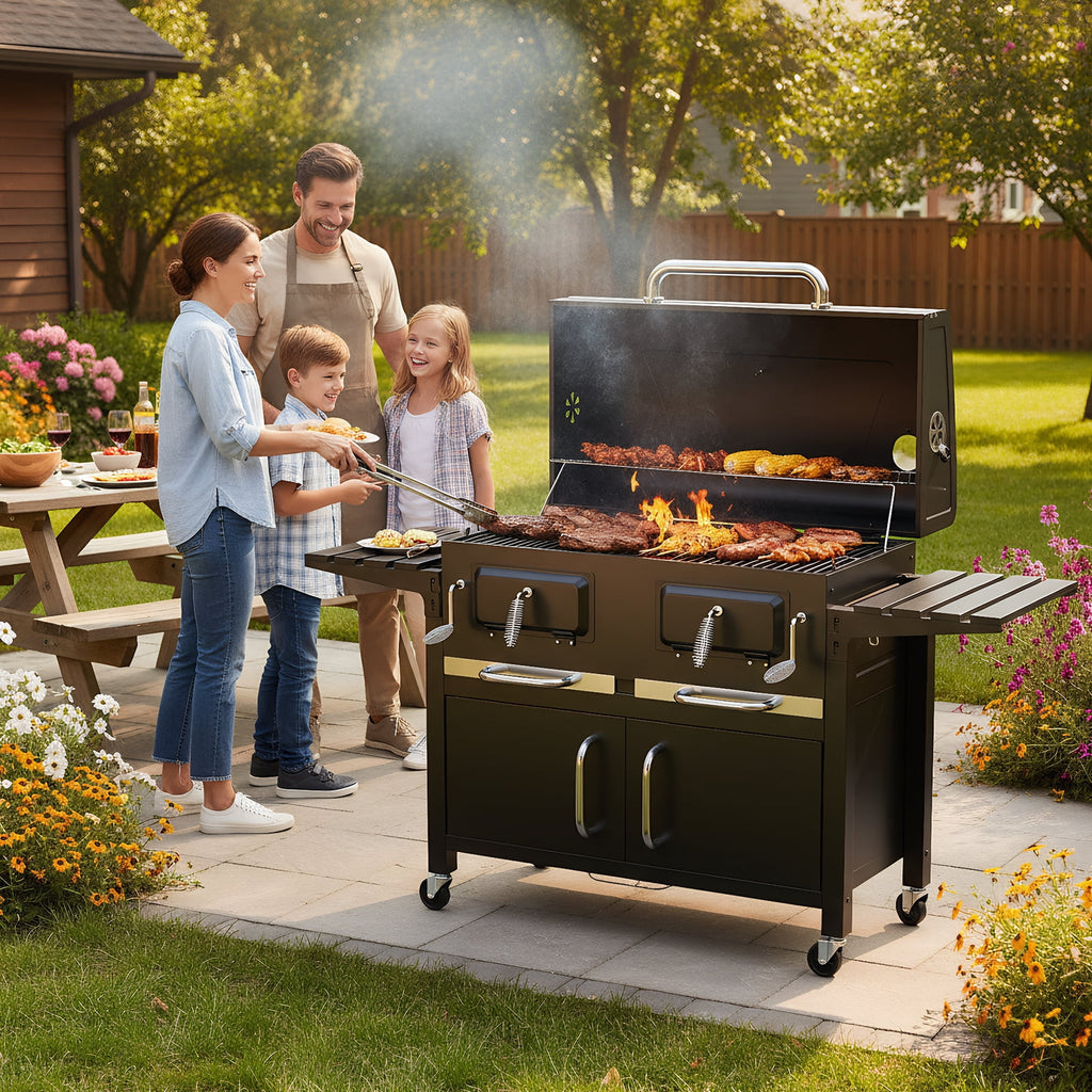 Frizi 63" Large Charcoal Grill with Smoker, Oversized Outdoor BBQ Grill with Dual Adjustable Charcoal Trays, Storage Cabinet, Folding Side Shelves and Wheels for Backyard Cooking