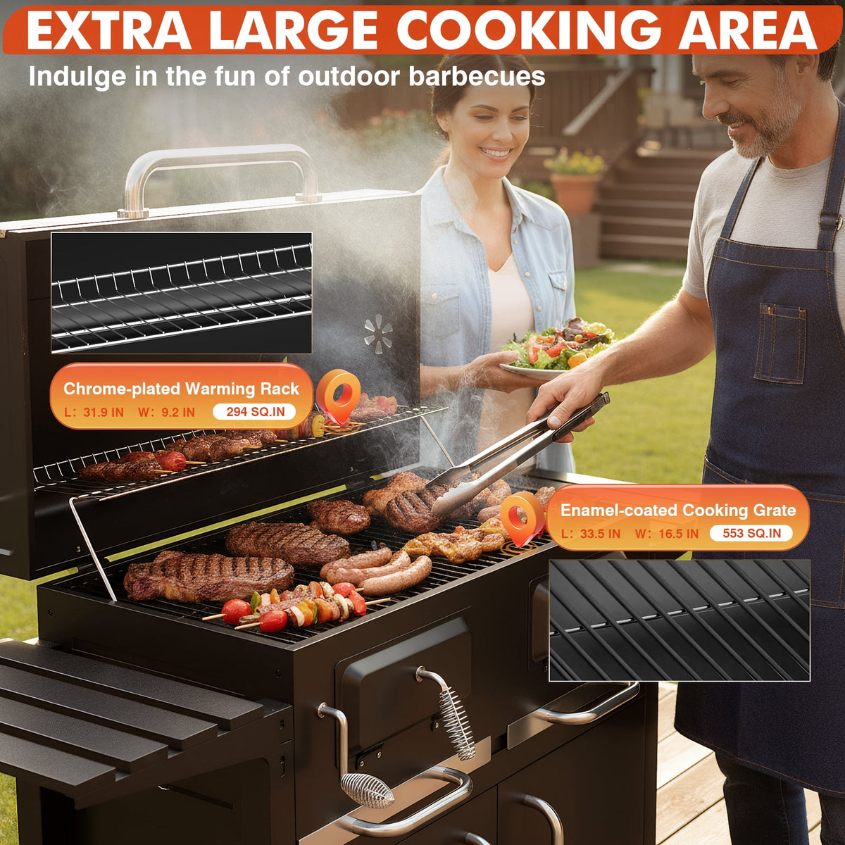 Frizi 63" Large Charcoal Grill with Smoker, Oversized Outdoor BBQ Grill with Dual Adjustable Charcoal Trays, Storage Cabinet, Folding Side Shelves and Wheels for Backyard Cooking