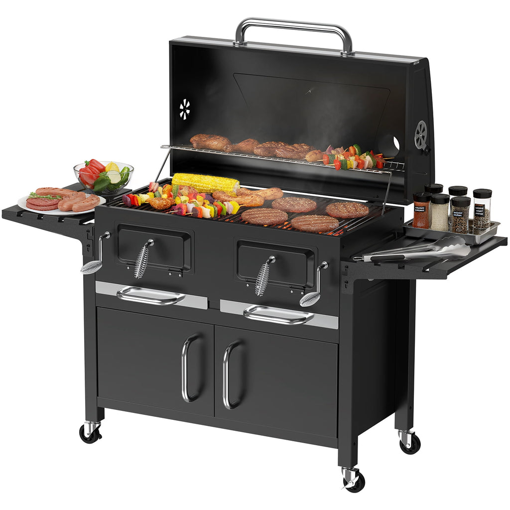 Frizi 63" Large Charcoal Grill with Smoker, Oversized Outdoor BBQ Grill with Dual Adjustable Charcoal Trays, Storage Cabinet, Folding Side Shelves and Wheels for Backyard Cooking