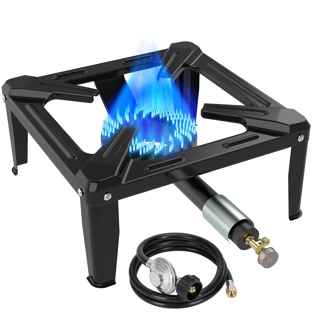 Frizi High Pressure Propane Burner, 50,000 BTU Single Propane Stove with 4.1ft 0-20 PSI Adjustable Hose, 11.8" Square Steel Cooktop for Camping & Outdoor Cooking