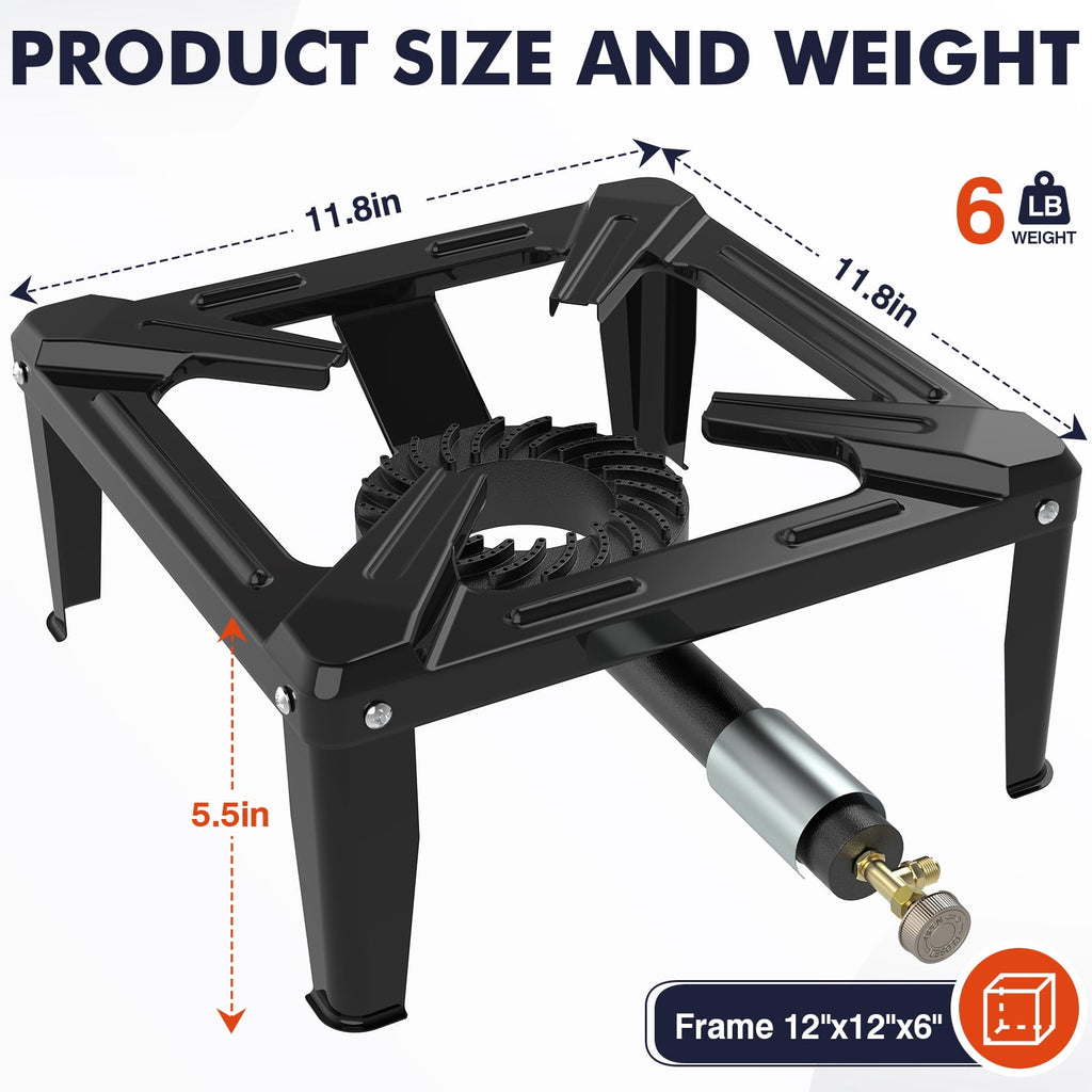 Frizi High Pressure Propane Burner, 50,000 BTU Single Propane Stove with 4.1ft 0-20 PSI Adjustable Hose, 11.8" Square Steel Cooktop for Camping & Outdoor Cooking