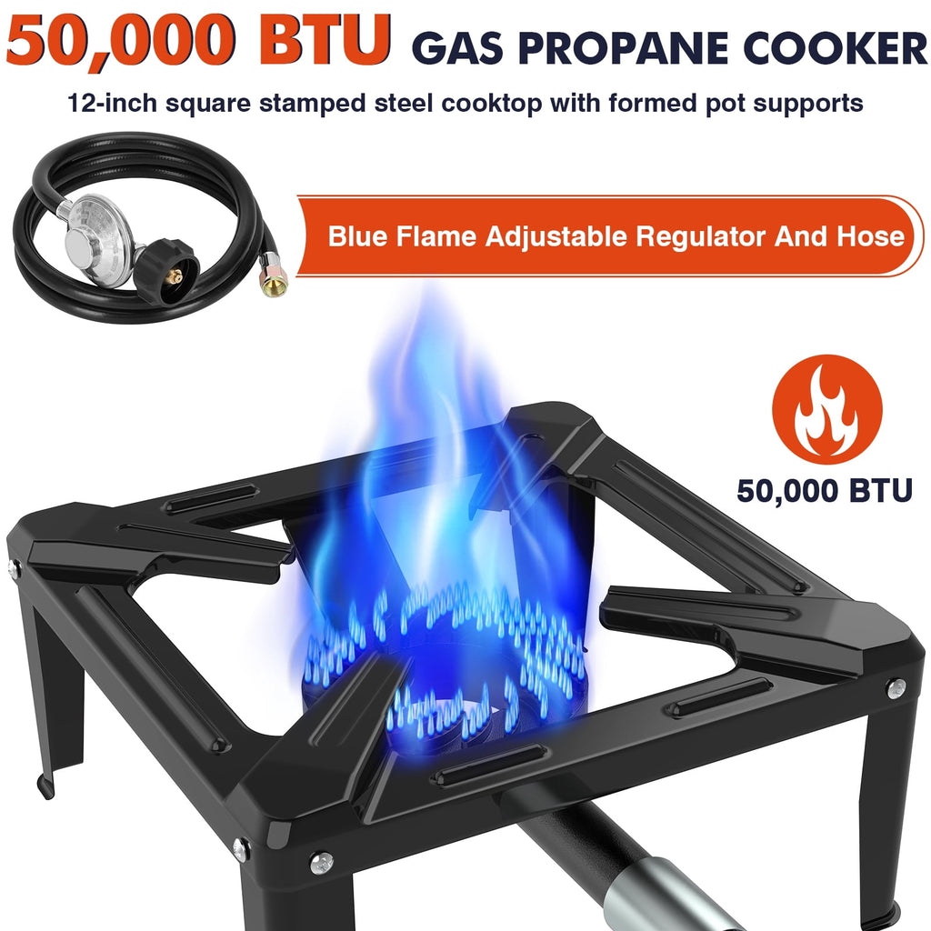 Frizi High Pressure Propane Burner, 50,000 BTU Single Propane Stove with 4.1ft 0-20 PSI Adjustable Hose, 11.8" Square Steel Cooktop for Camping & Outdoor Cooking