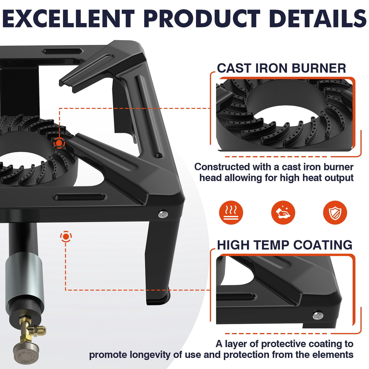 Frizi High Pressure Propane Burner, 50,000 BTU Single Propane Stove with 4.1ft 0-20 PSI Adjustable Hose, 11.8" Square Steel Cooktop for Camping & Outdoor Cooking