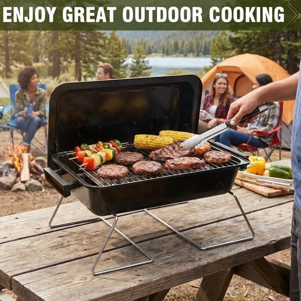 Frizi Portable Propane Gas Grill with 2-in-1 Valve - Compatible with Large Tank & Small Cylinder, Foldable Legs, Adjustable Regulator, Heavy Duty for Outdoor Camping