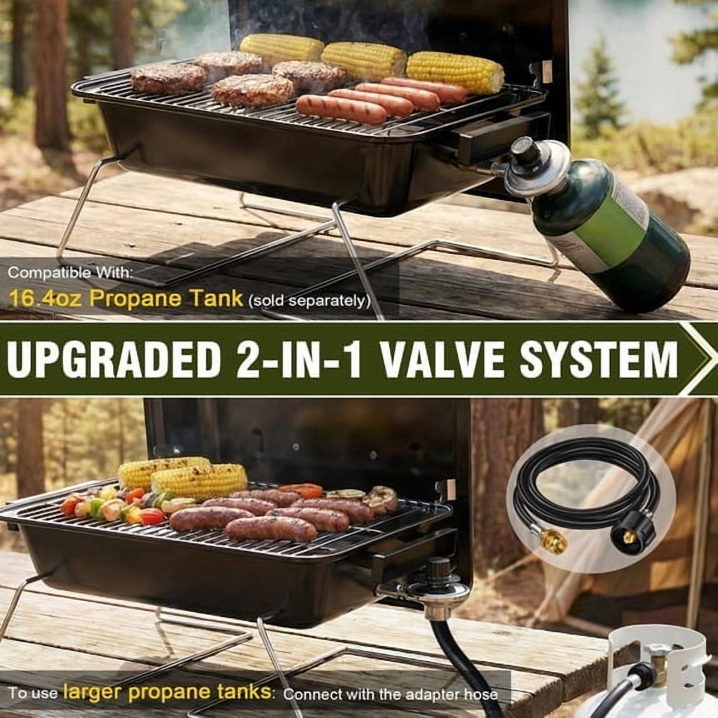 Frizi Portable Propane Gas Grill with 2-in-1 Valve - Compatible with Large Tank & Small Cylinder, Foldable Legs, Adjustable Regulator, Heavy Duty for Outdoor Camping