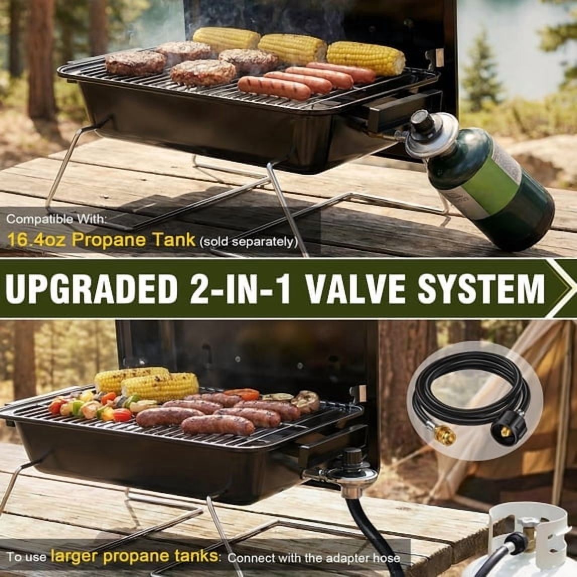 Frizi Portable Propane Gas Grill with 2-in-1 Valve - Compatible with Large Tank & Small Cylinder, Foldable Legs, Adjustable Regulator, Heavy Duty for Outdoor Camping
