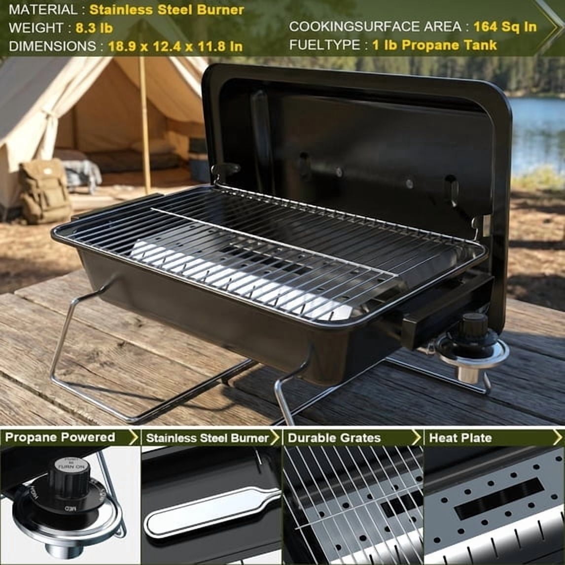 Frizi Portable Propane Gas Grill with 2-in-1 Valve - Compatible with Large Tank & Small Cylinder, Foldable Legs, Adjustable Regulator, Heavy Duty for Outdoor Camping