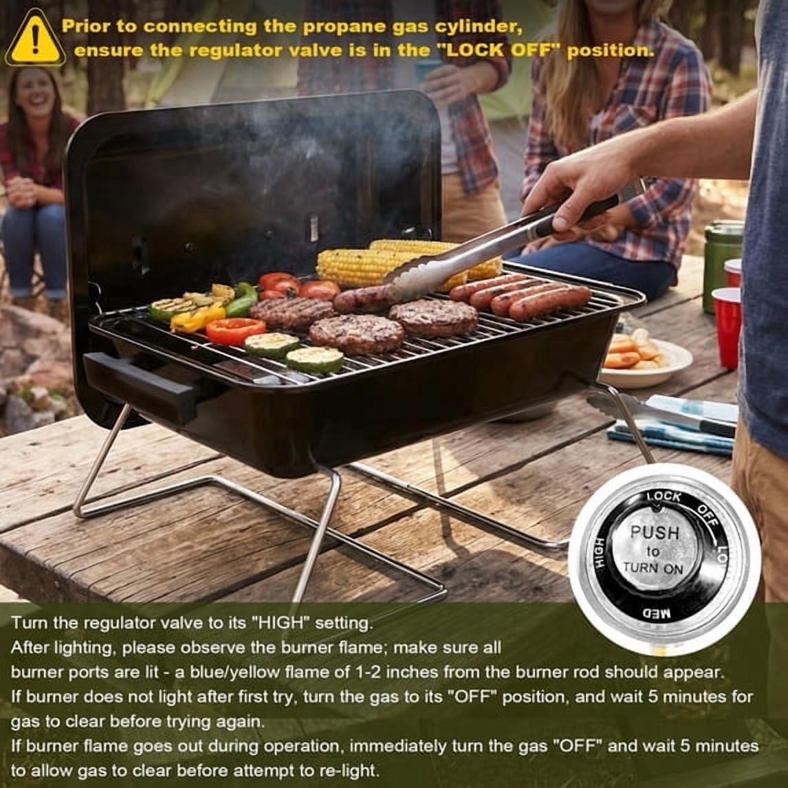 Frizi Portable Propane Gas Grill with 2-in-1 Valve - Compatible with Large Tank & Small Cylinder, Foldable Legs, Adjustable Regulator, Heavy Duty for Outdoor Camping