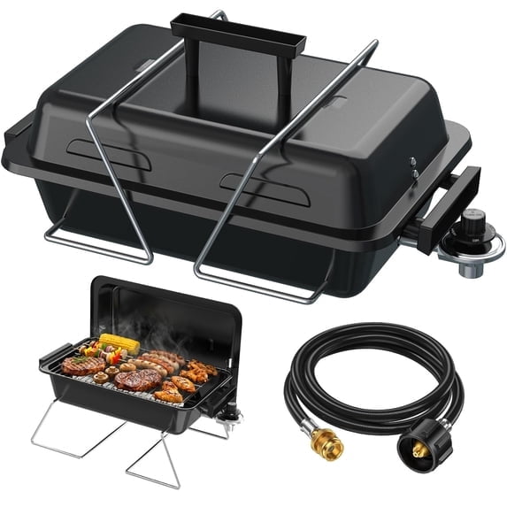 Frizi Portable Propane Gas Grill with 2-in-1 Valve - Compatible with Large Tank & Small Cylinder, Foldable Legs, Adjustable Regulator, Heavy Duty for Outdoor Camping