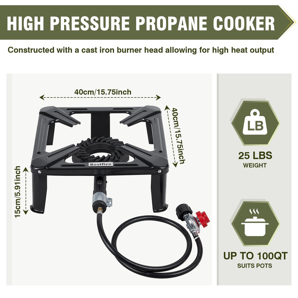 Frizi High Pressure Propane Burner, 120,000 BTU Single Propane Stove with 4.1ft 0-20 PSI Adjustable Hose