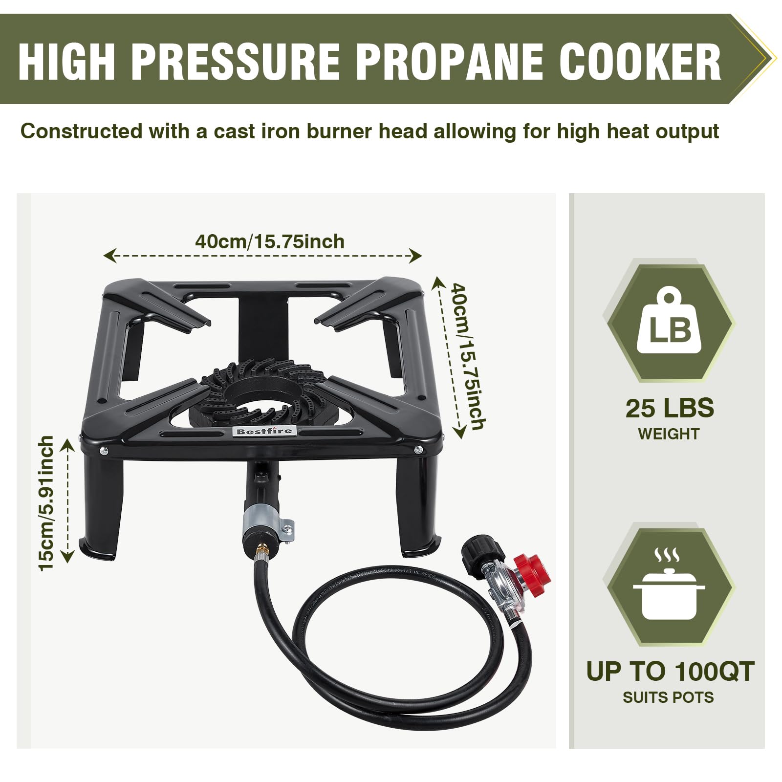 Frizi High Pressure Propane Burner, 120,000 BTU Single Propane Stove with 4.1ft 0-20 PSI Adjustable Hose