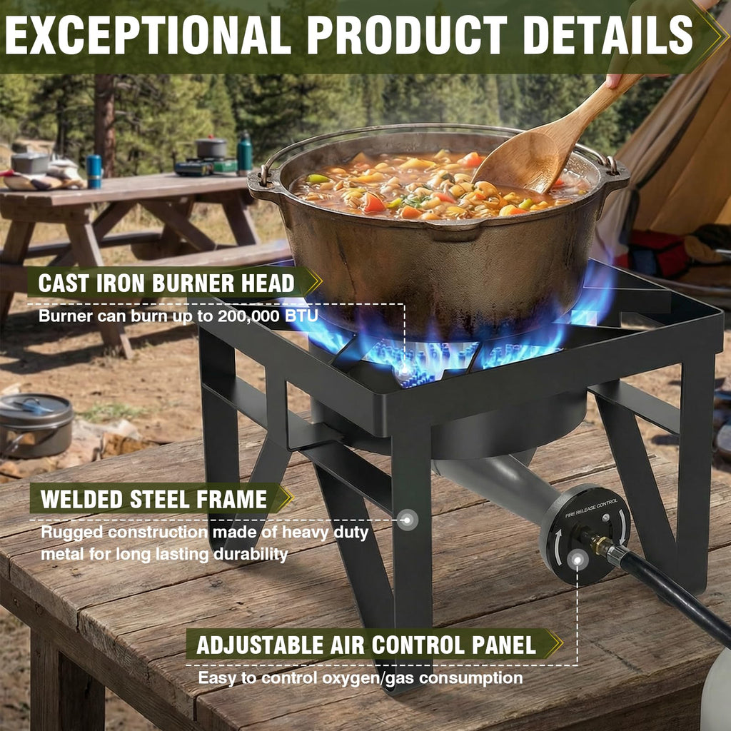 Frizi 200,000 BTU High-Performance Propane Burner, Heavy Duty Outdoor Gas Stove with Adjustable 0-20 PSI Regulator