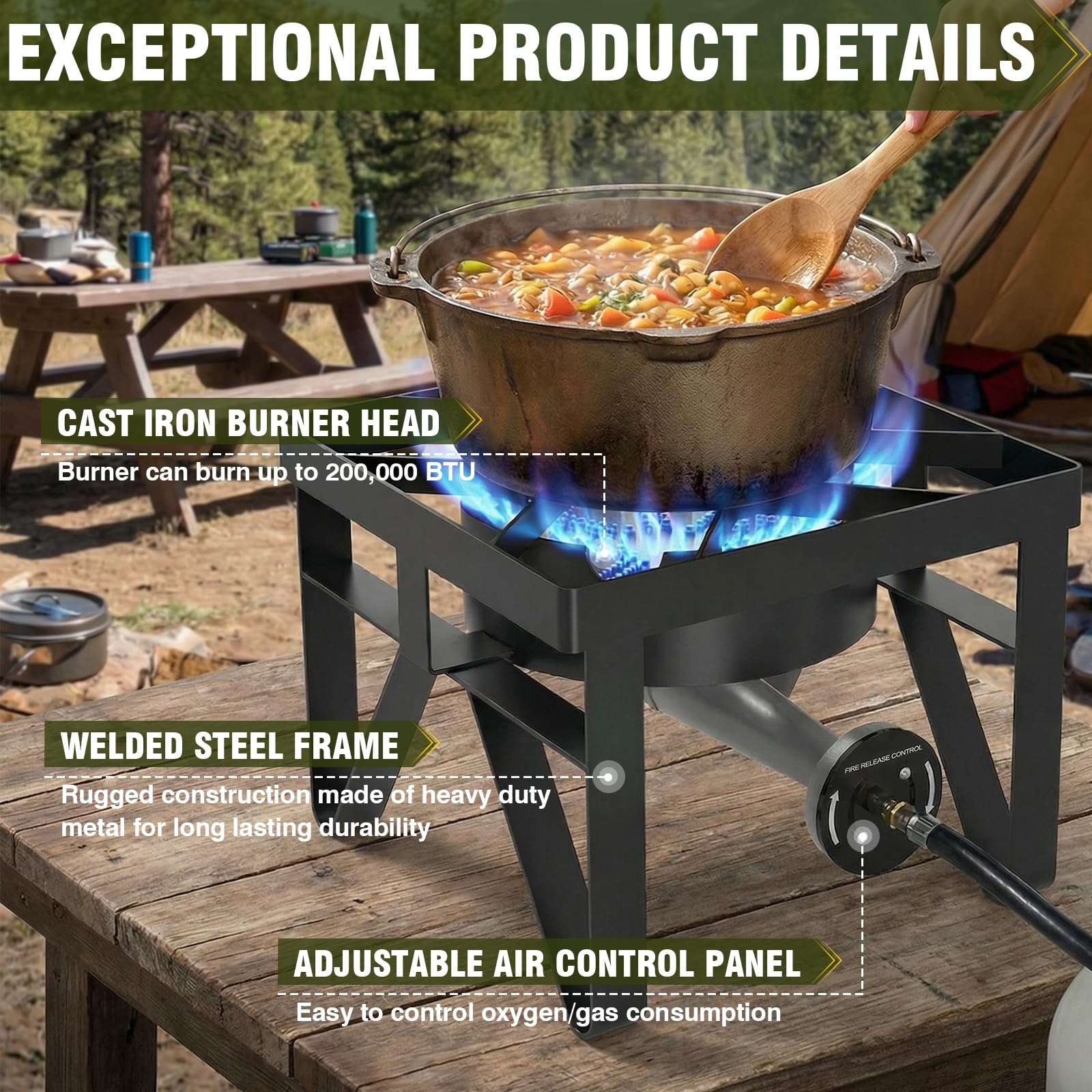 Frizi 200,000 BTU High-Performance Propane Burner, Heavy Duty Outdoor Gas Stove with Adjustable 0-20 PSI Regulator