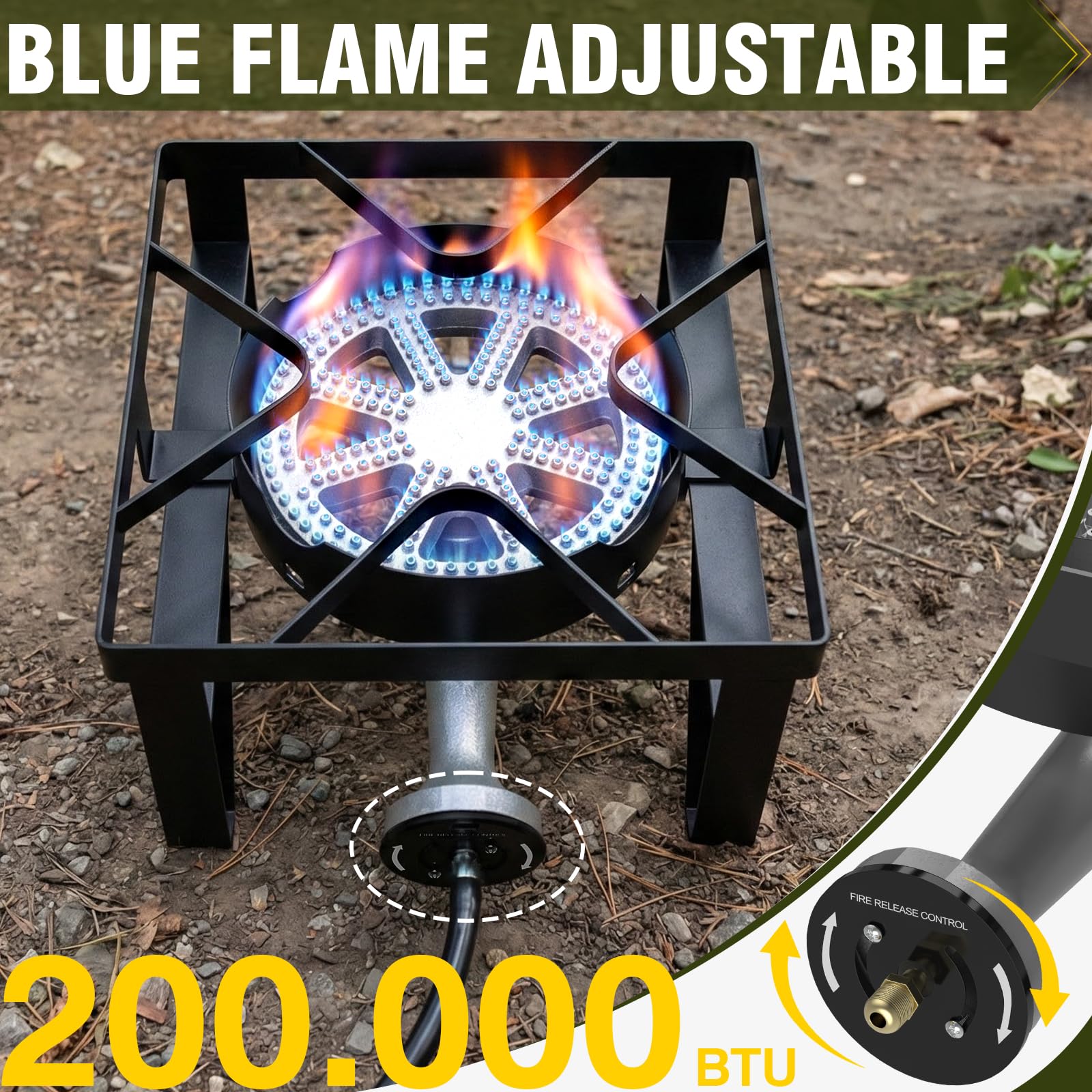 Frizi 200,000 BTU High-Performance Propane Burner, Heavy Duty Outdoor Gas Stove with Adjustable 0-20 PSI Regulator